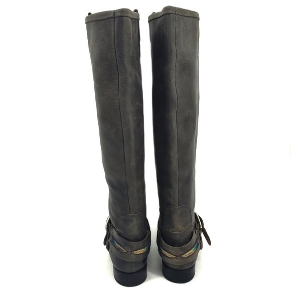 Lucky Brand May Tall Boho Grey Leather Pull On Embroidered Riding Boots Size 9 - Picture 4 of 13